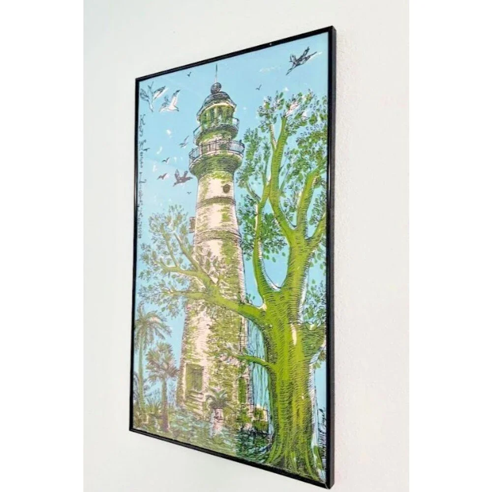 Framed Vtg Key West Fabrics Linen Tea Towel Lighthouse Tree Blue by Zuzek